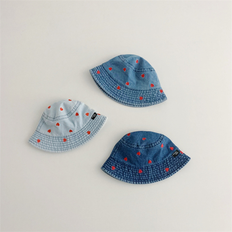 Baby Heart Embroidery Flat-Top Denim Bucket Hat