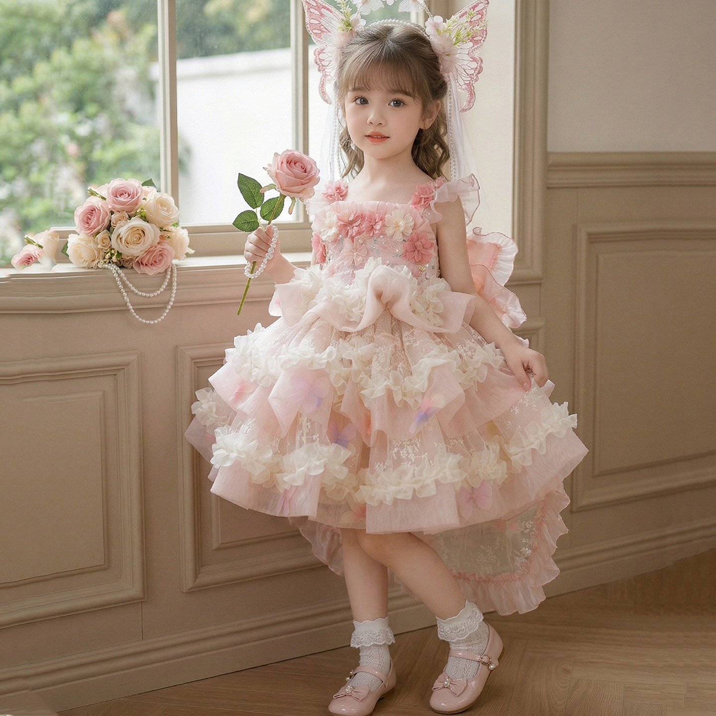 Kids Pink 3D Floral Lace Trim Tiered Tulle Dress