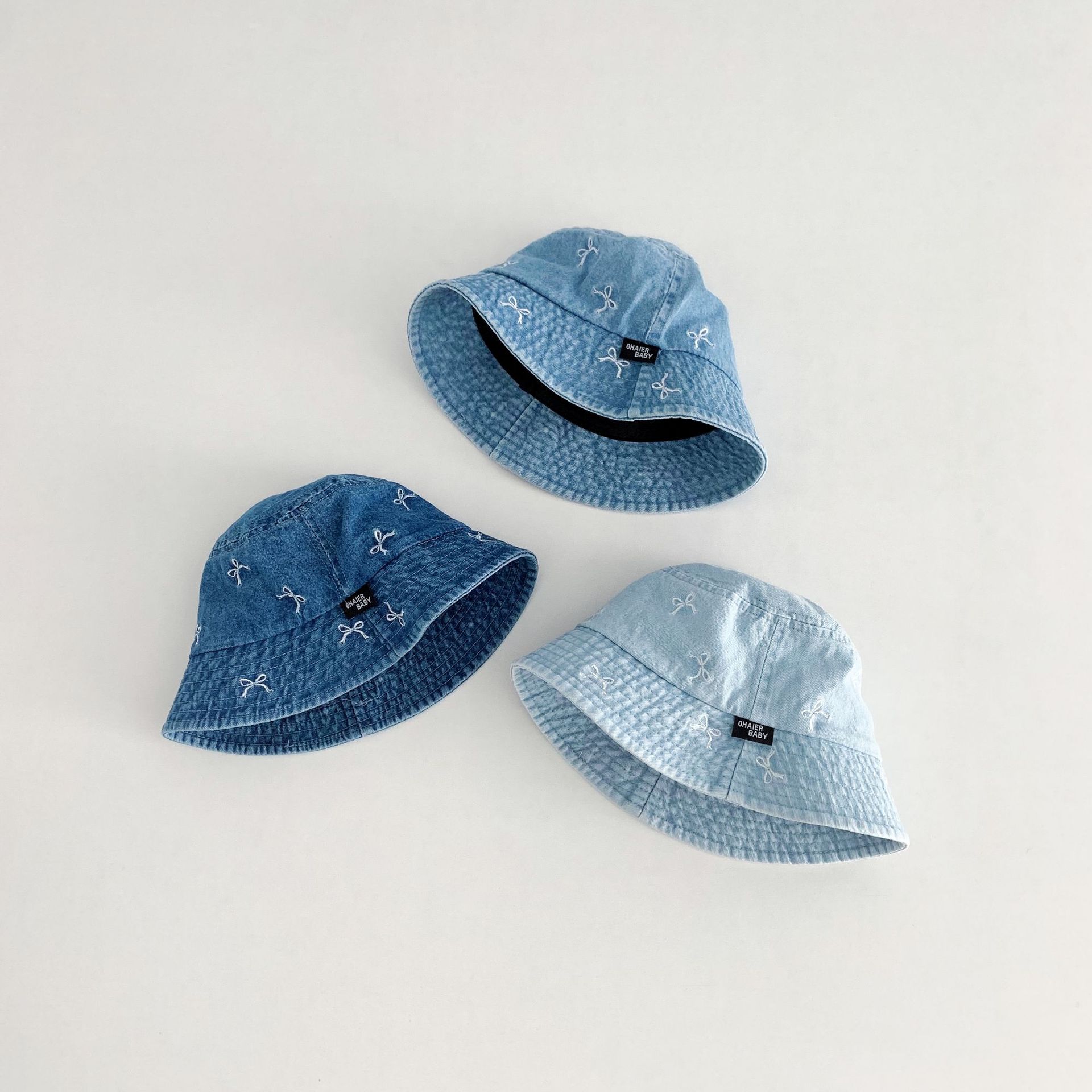 Baby Toddler Bow Embroidery Denim Flat Top Bucket Hat