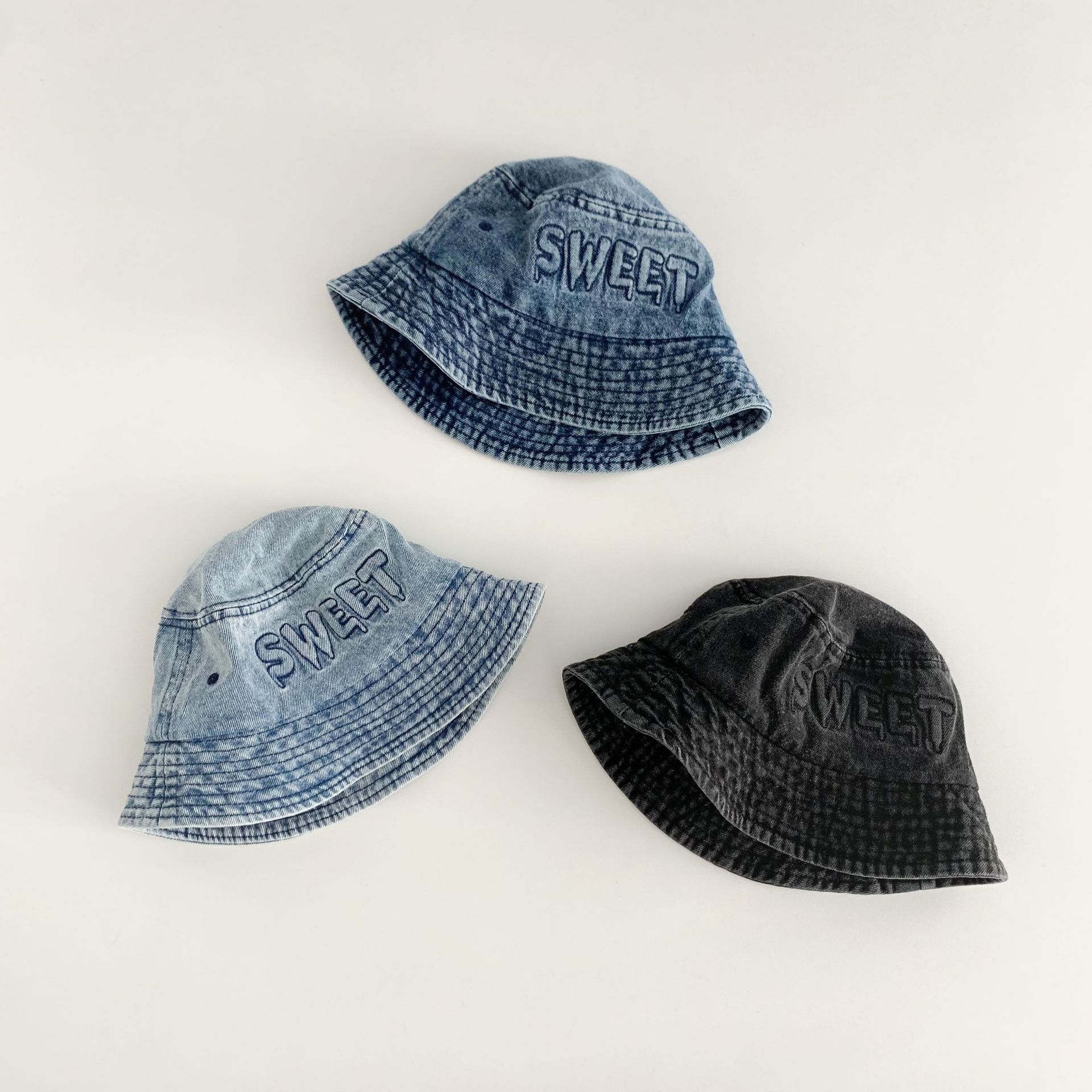 Kids Sweet Embroidery Washed Denim Bucket Hat