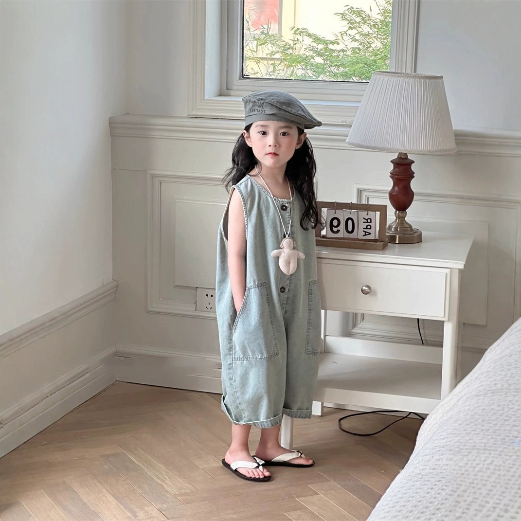Kids Girls Solid Color Denim Overalls
