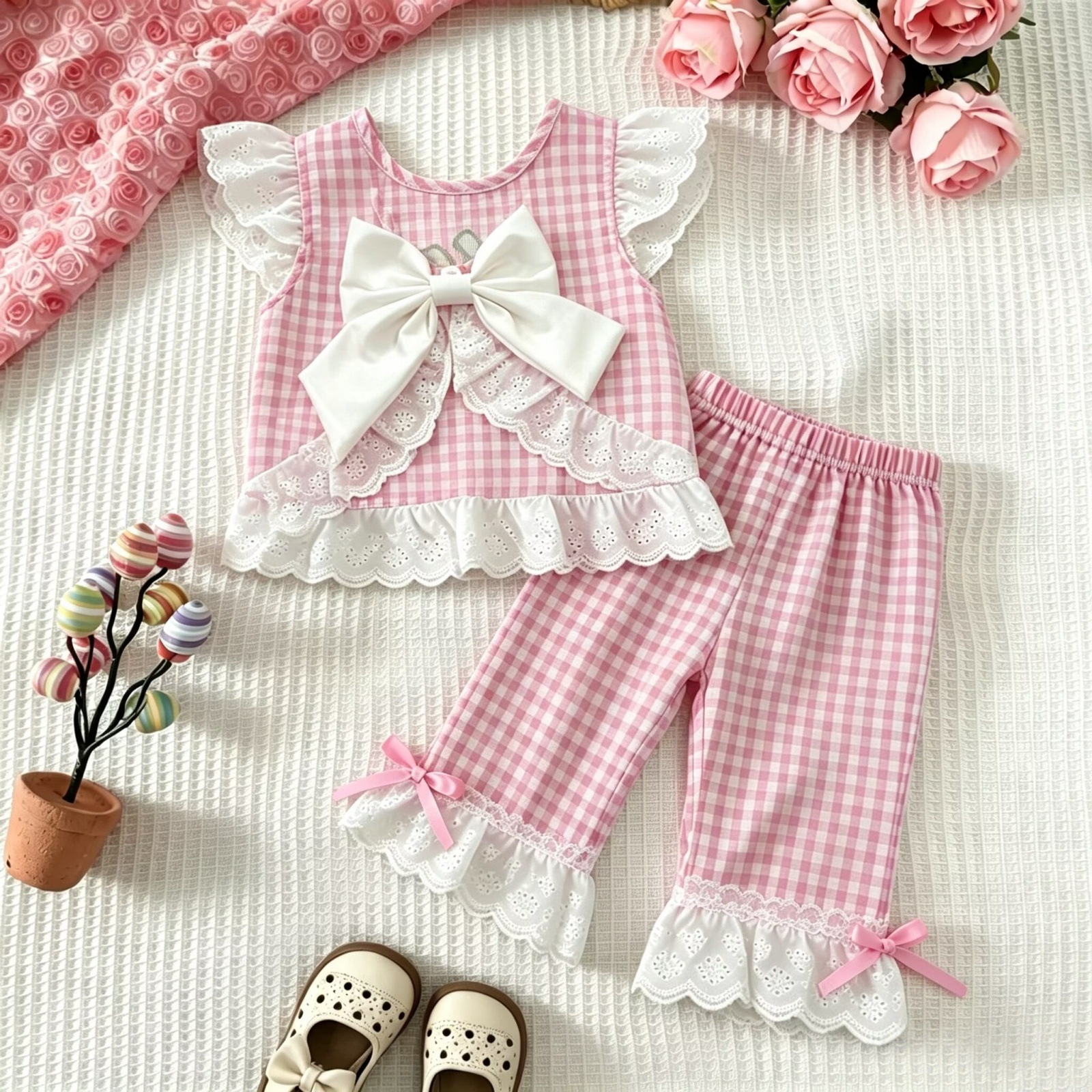 Baby Toddler Halloween Pumpkin Plaid Lace Trim Bow Top and  Pants Set
