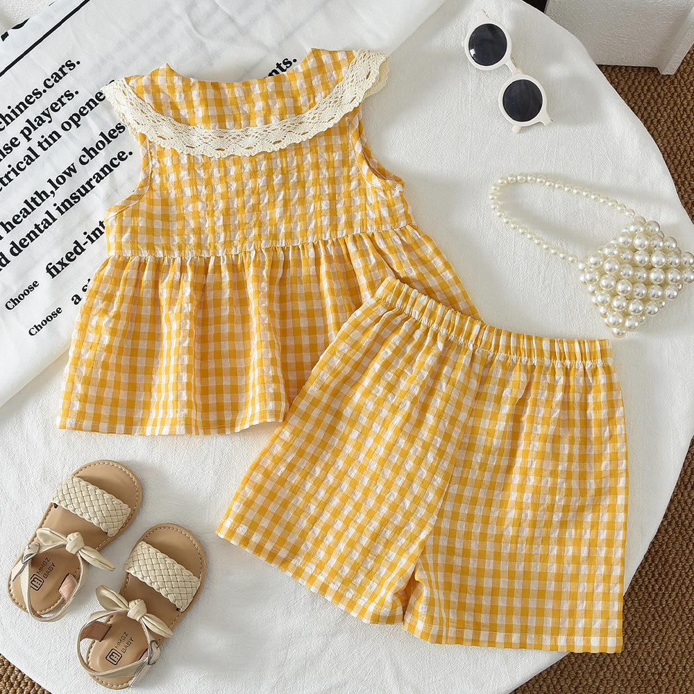 Kids Lace Trimmed Turnover Collar Plaid Top and Shorts Set