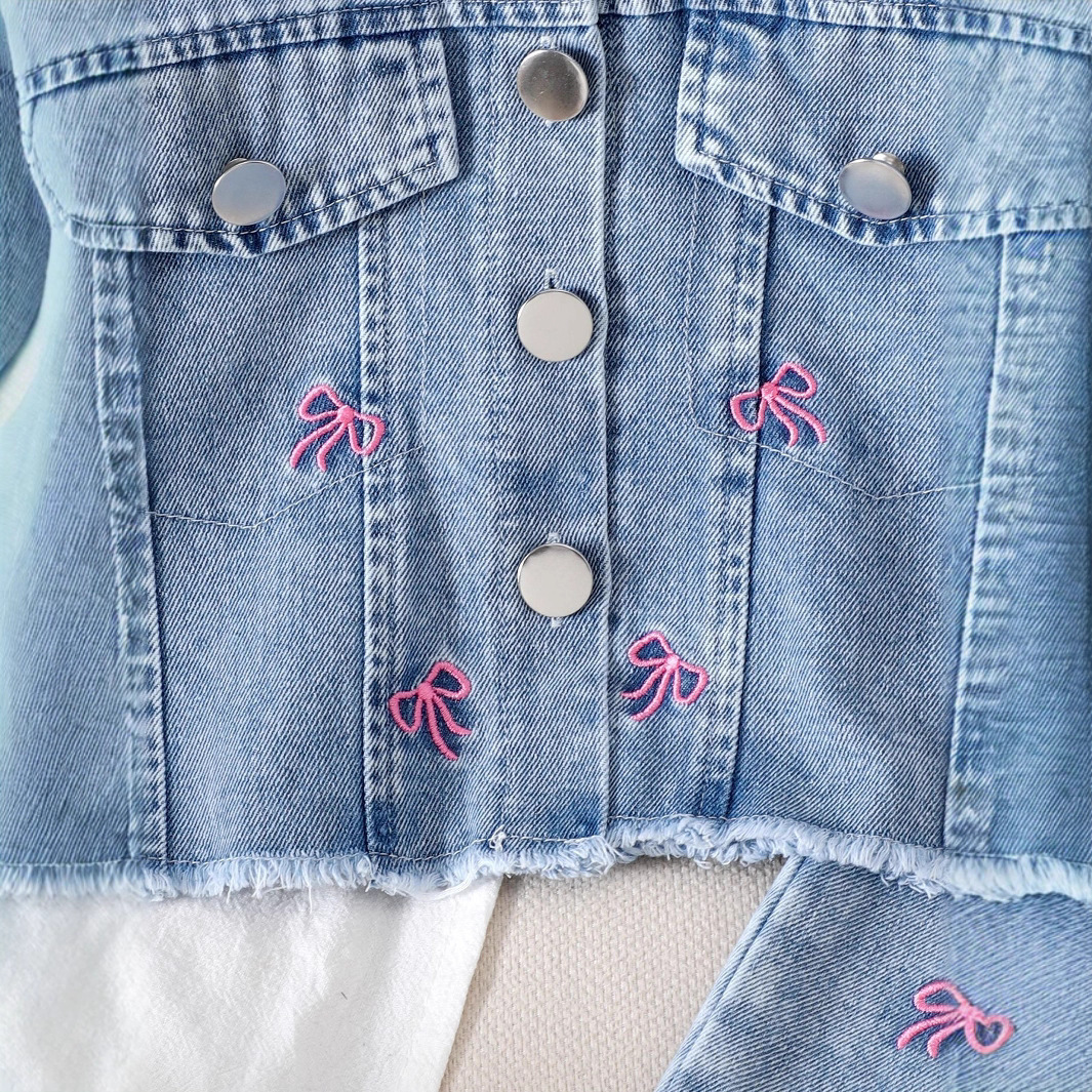 Baby Embroidered Bow Long Sleeve Denim Outerwear and Pants Set