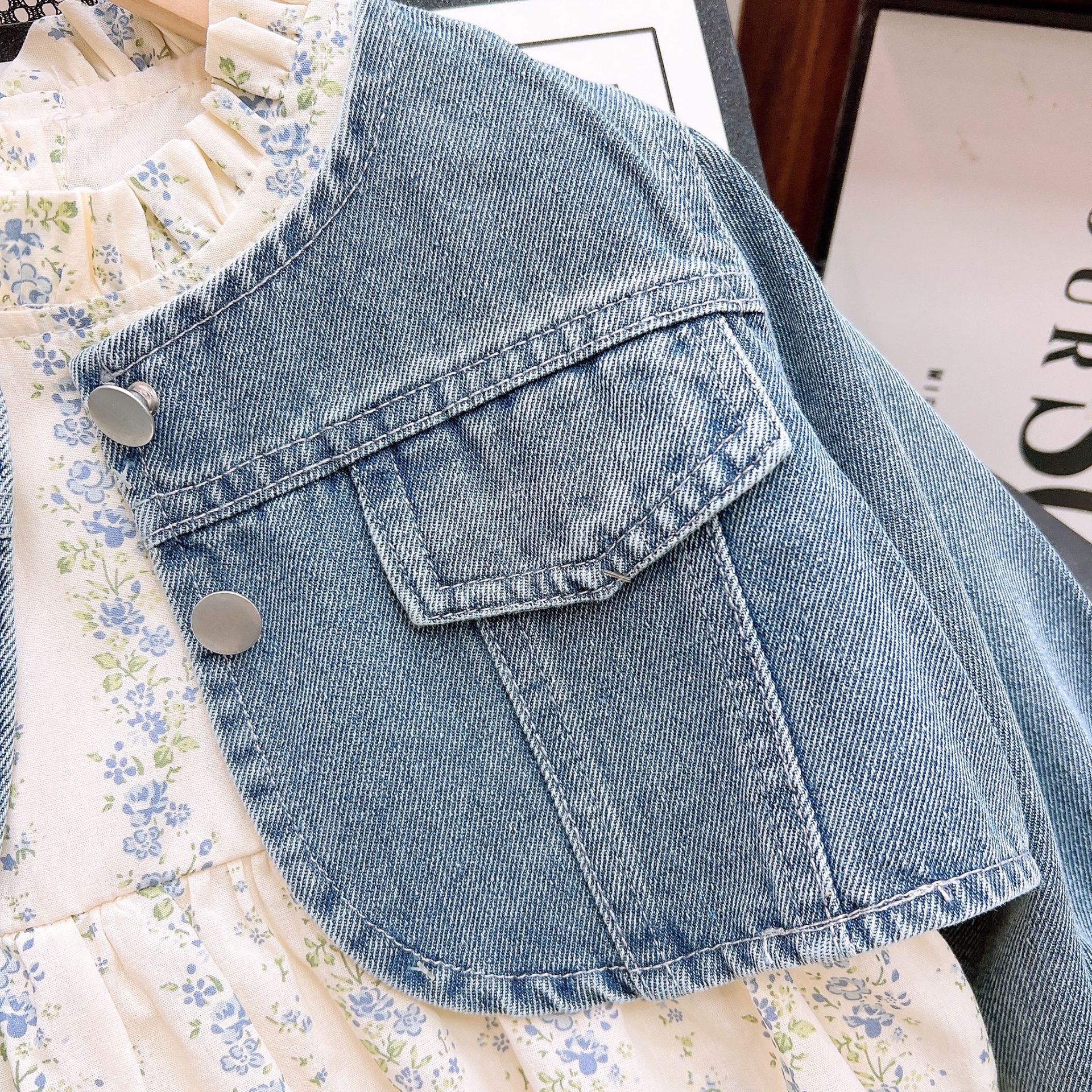 Kids Denim Outerwear and Floral Tiered Dress Set