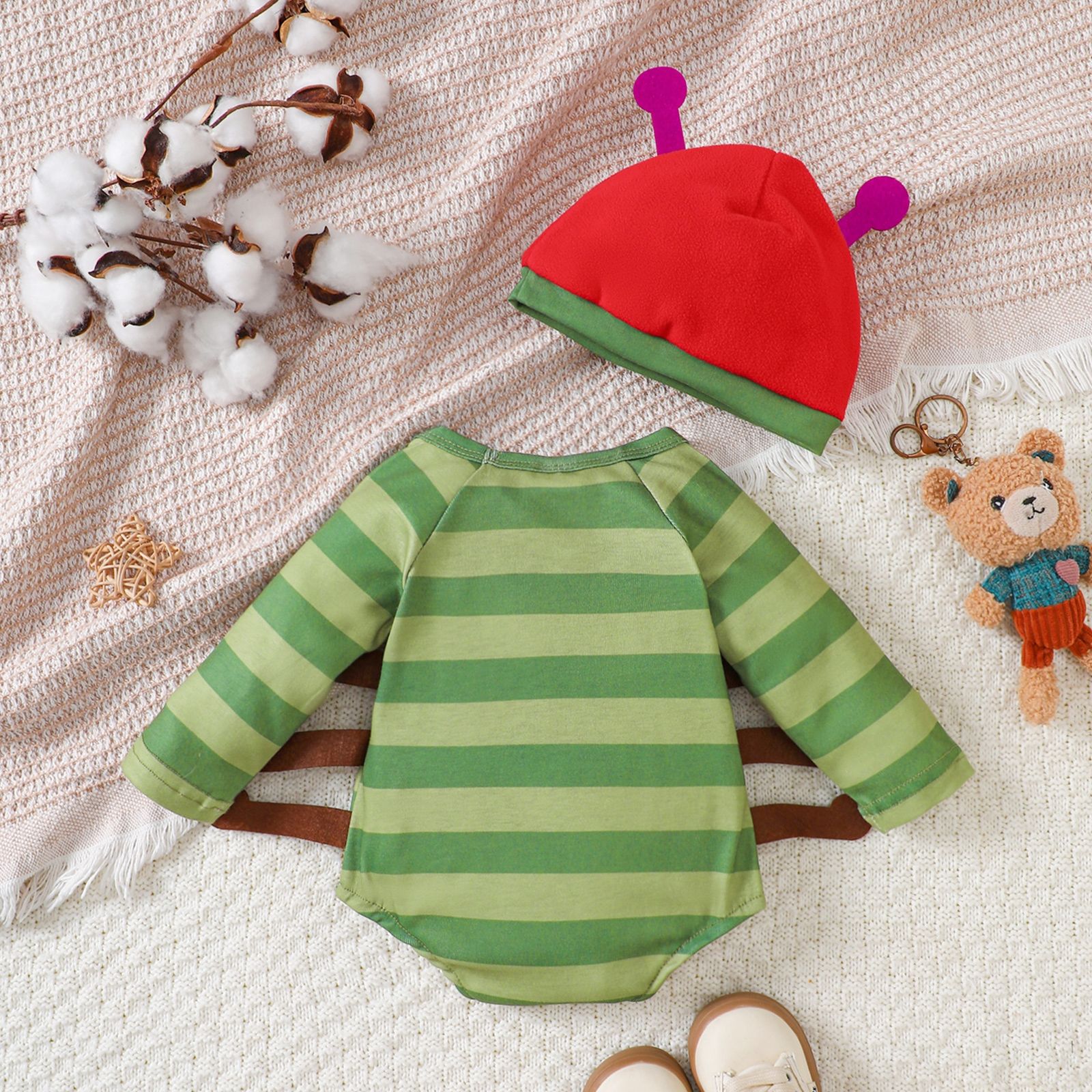 Baby Cartoon Caterpillar Stripe Long Sleeved Onesie and Hat Set
