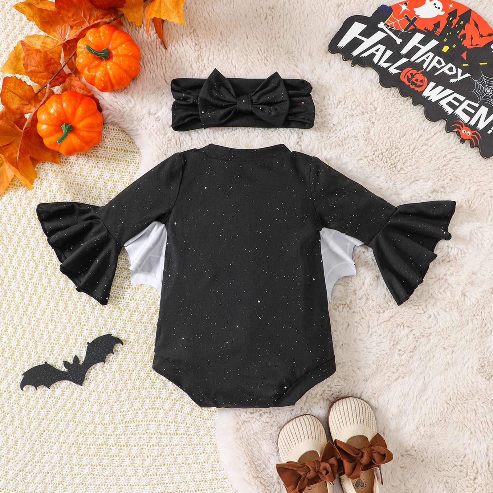 Baby Halloween Bat Starry Sky Sequins Onesie and Headband Set