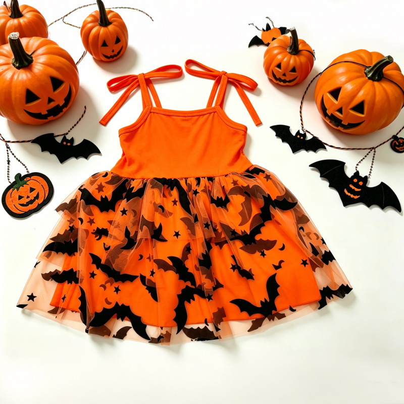 Baby Toddler Halloween Pumpkin Bat Bow Vest Mesh Dress