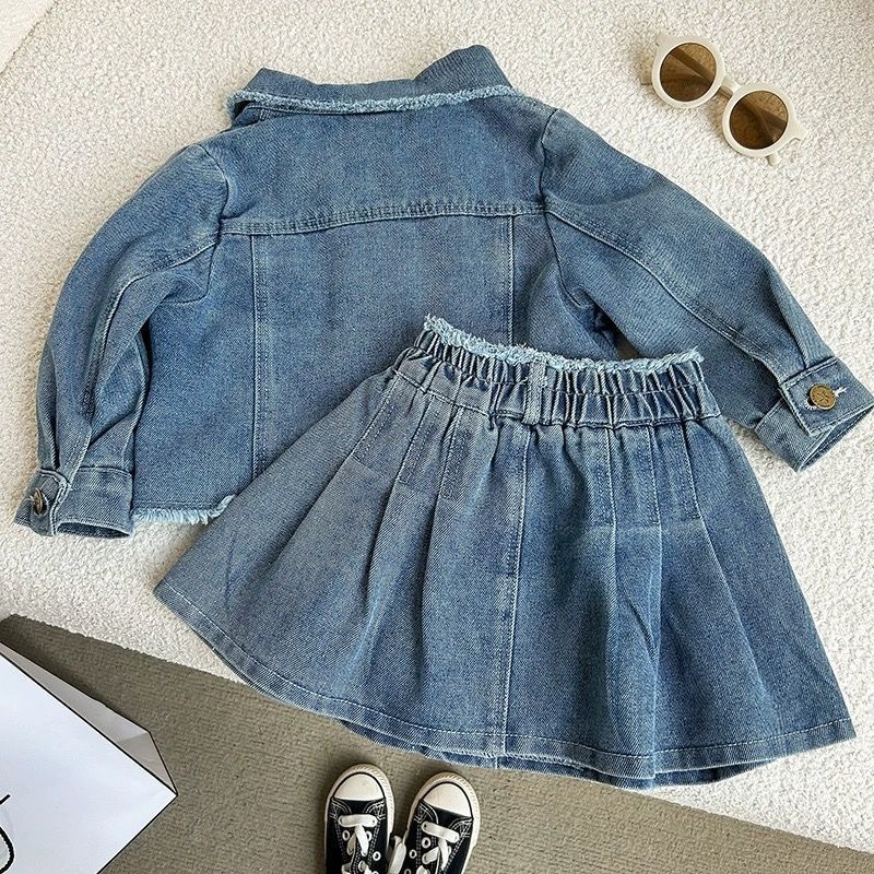 Kids Washed Denim Outerwear and Short Skirt Set