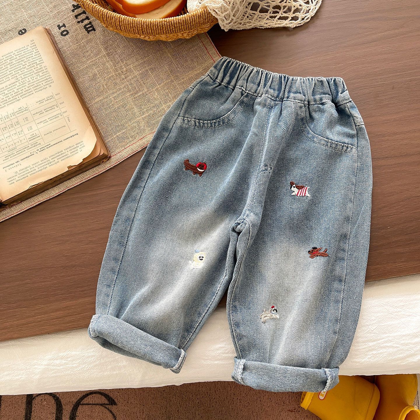 Kids Stripes Colorful Dots Dog Sweatshirt and Denim Pants