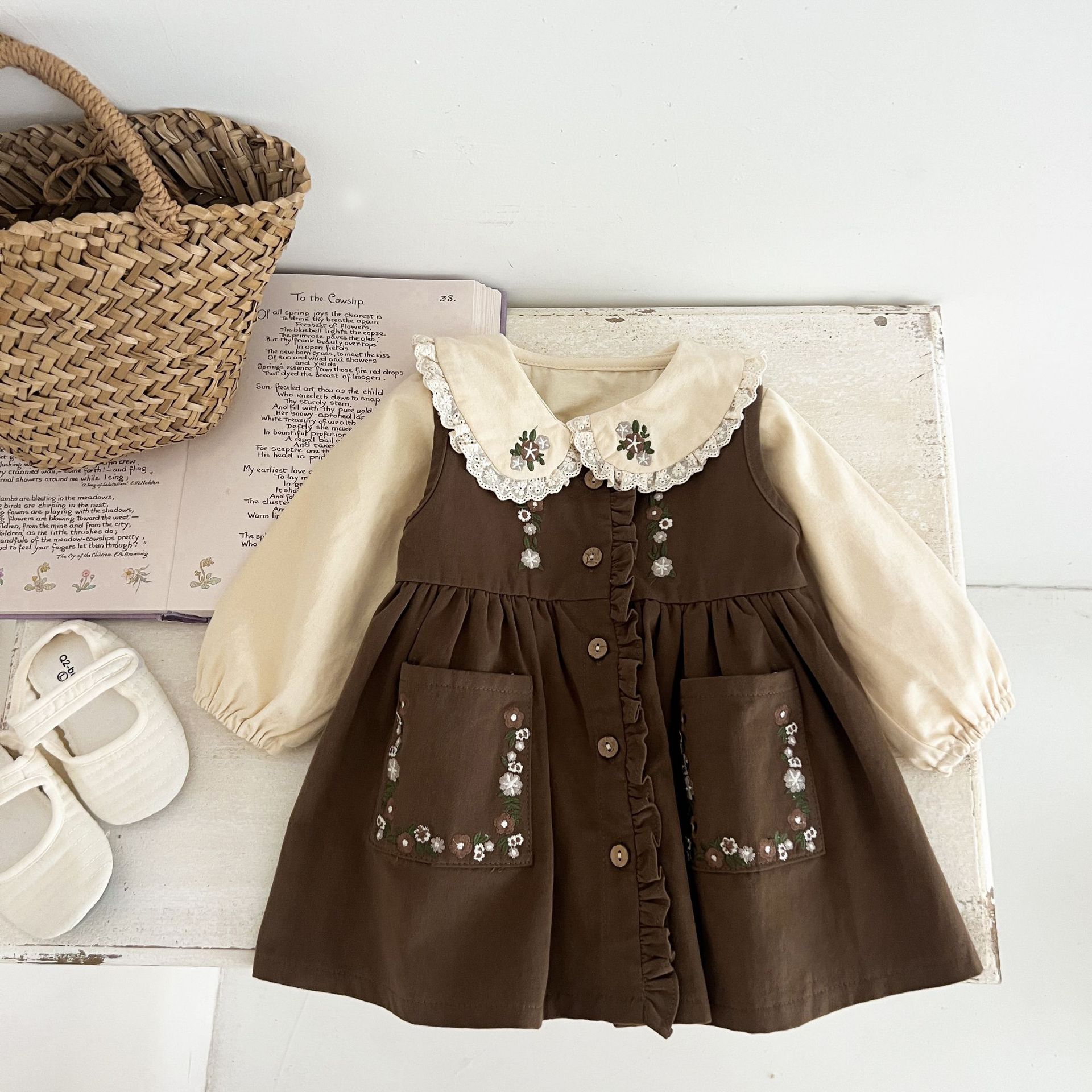 Kids Floral Embroidery Puff Sleeves Top and Vest Dress 2-Piece Set