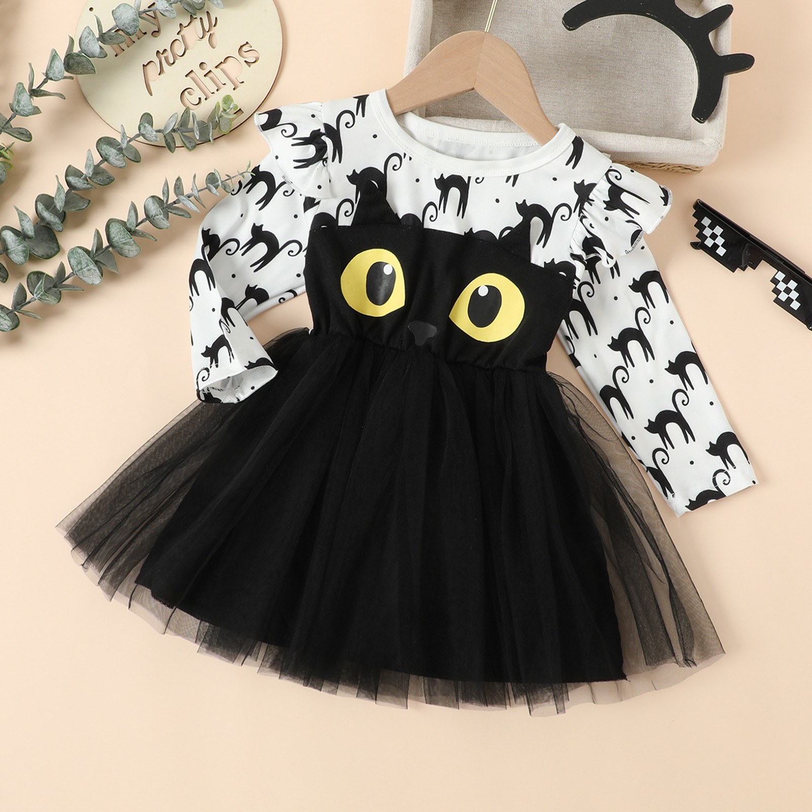Kids Halloween Cat Long Sleeve Mesh Dress