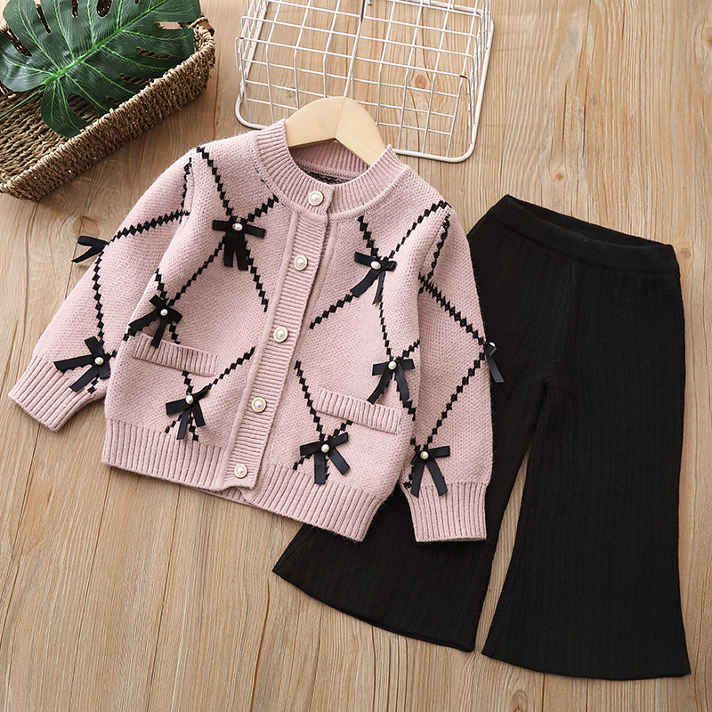 Kids Plaid Bow Sweater Cardigan and Bell Pants/Skirt Set