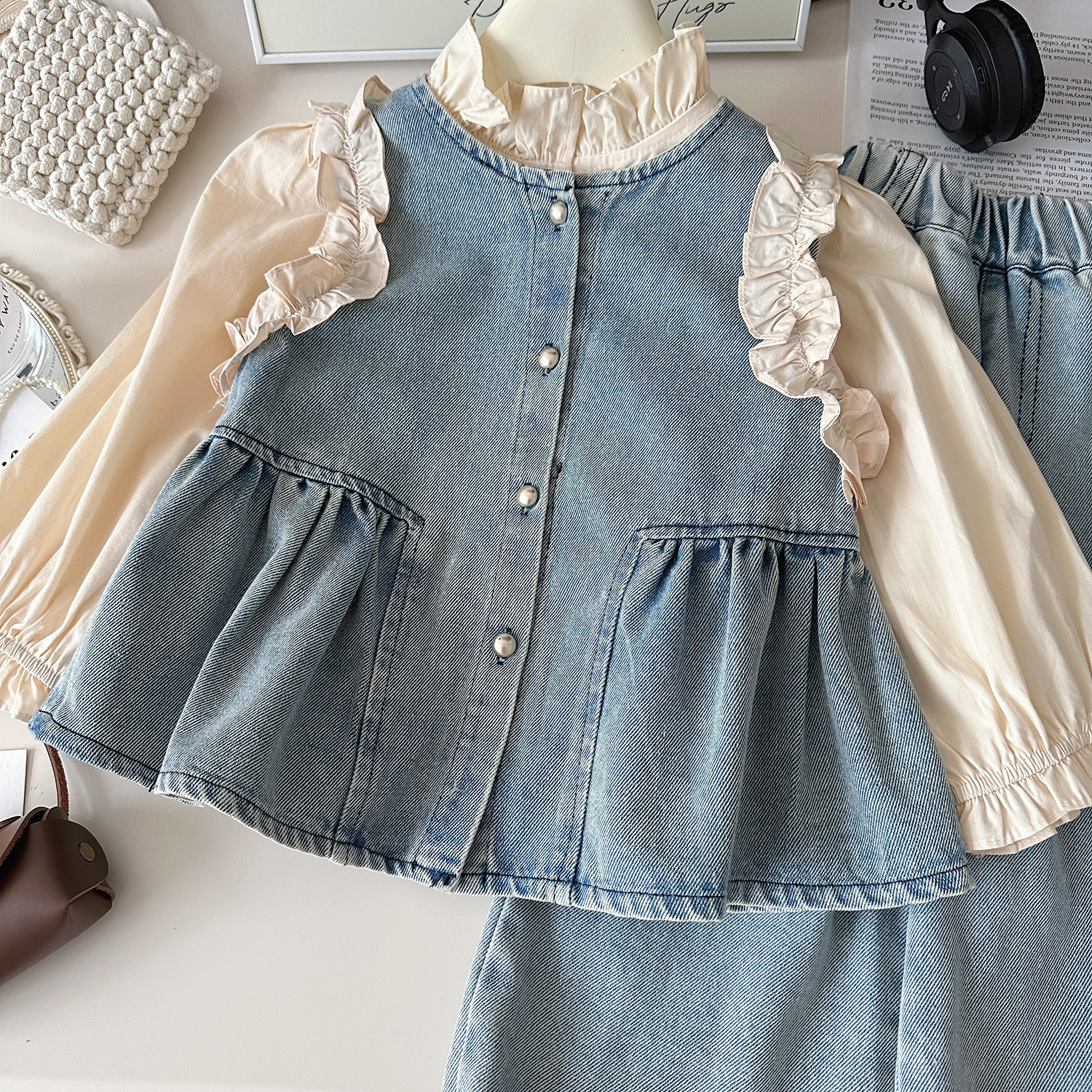Kids Ruffled Puff Sleeves Denim 3-Piece Set