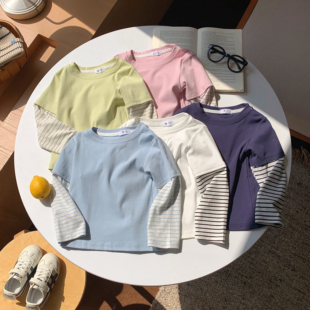 Kids Striped Sleeves Faux Two-Piece T-shirt