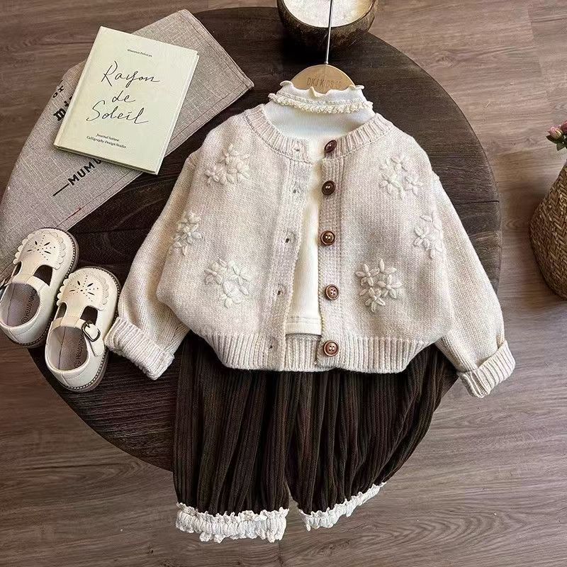 Kids Flower Lace Sweater 3-Piece Set