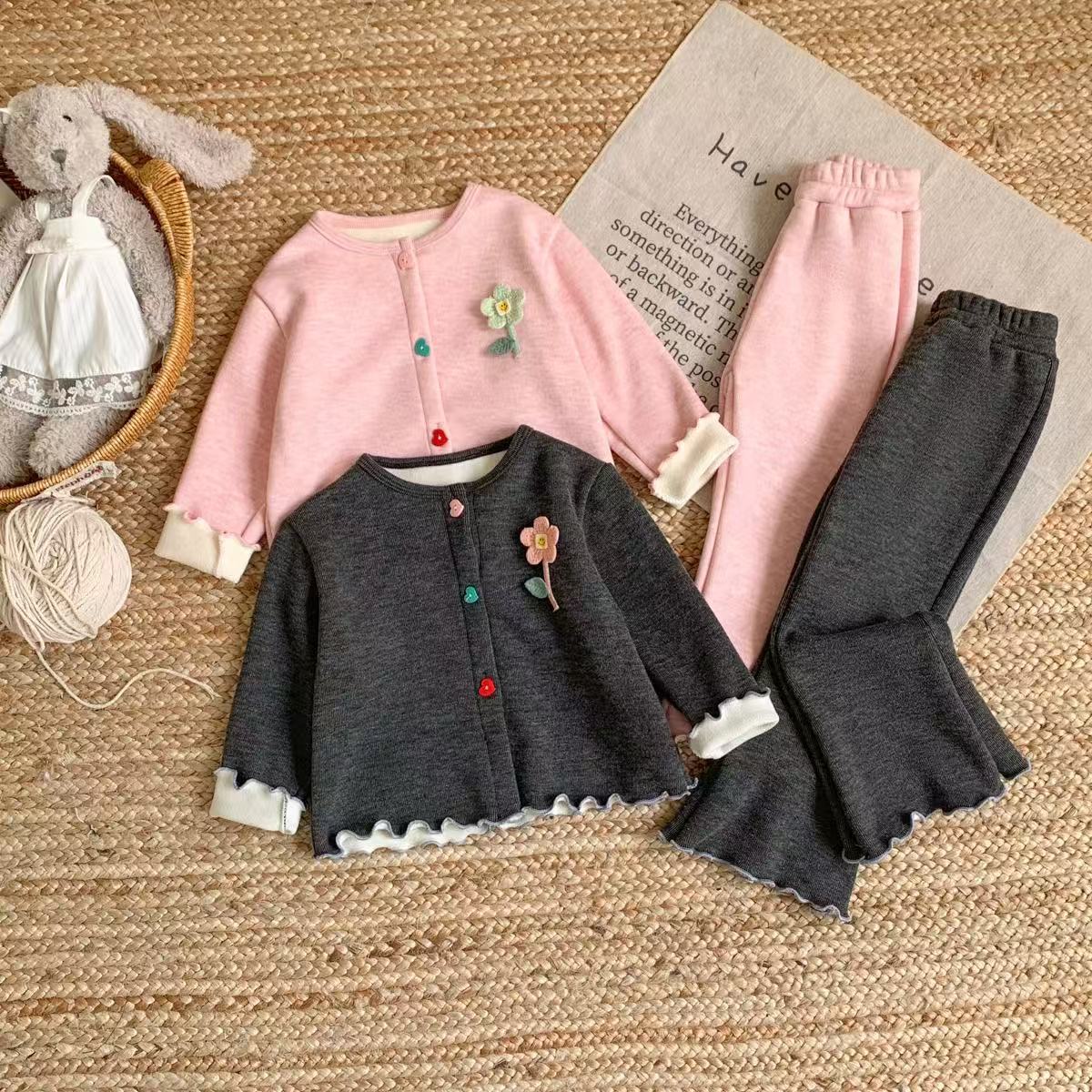 Kids Flower Ruffle Trim Sweater and Pants Set