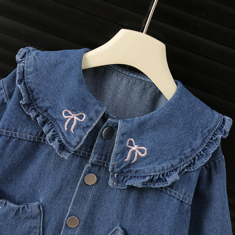 Kids Cat Bow Ruffle Trim Denim Outerwear