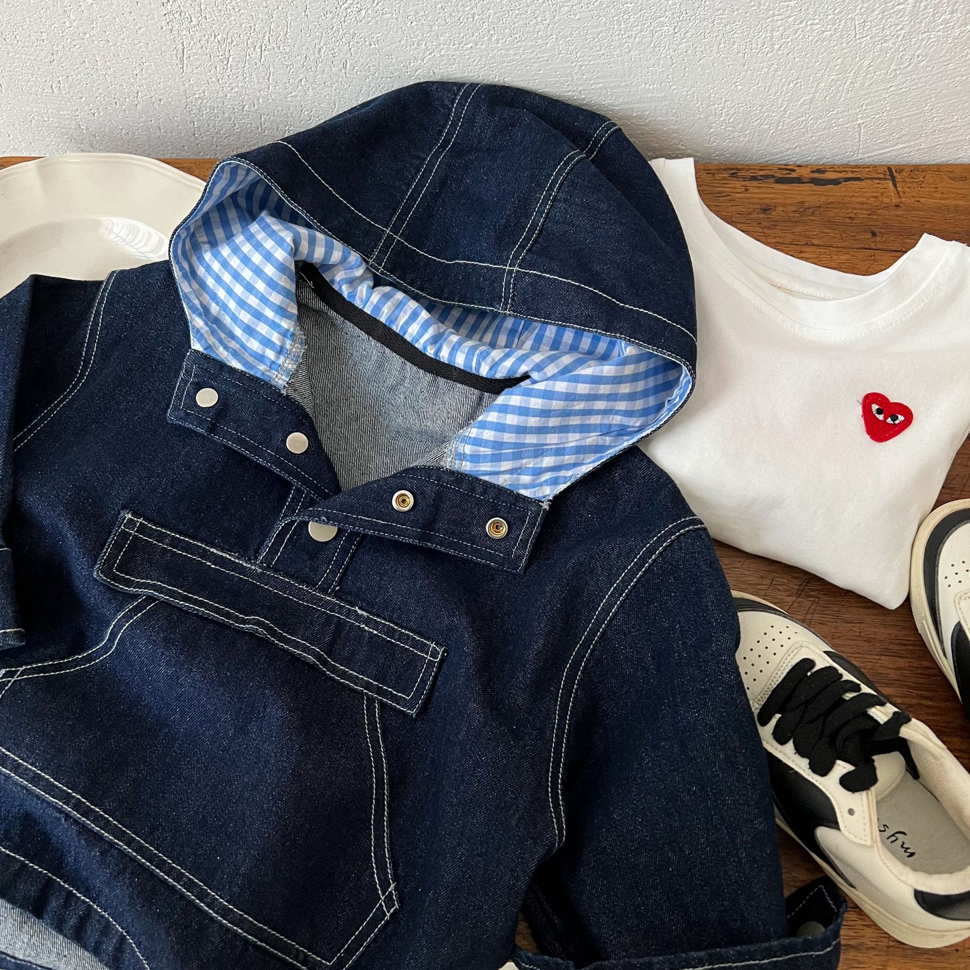 Kids Checkered Lining Denim Outerwear