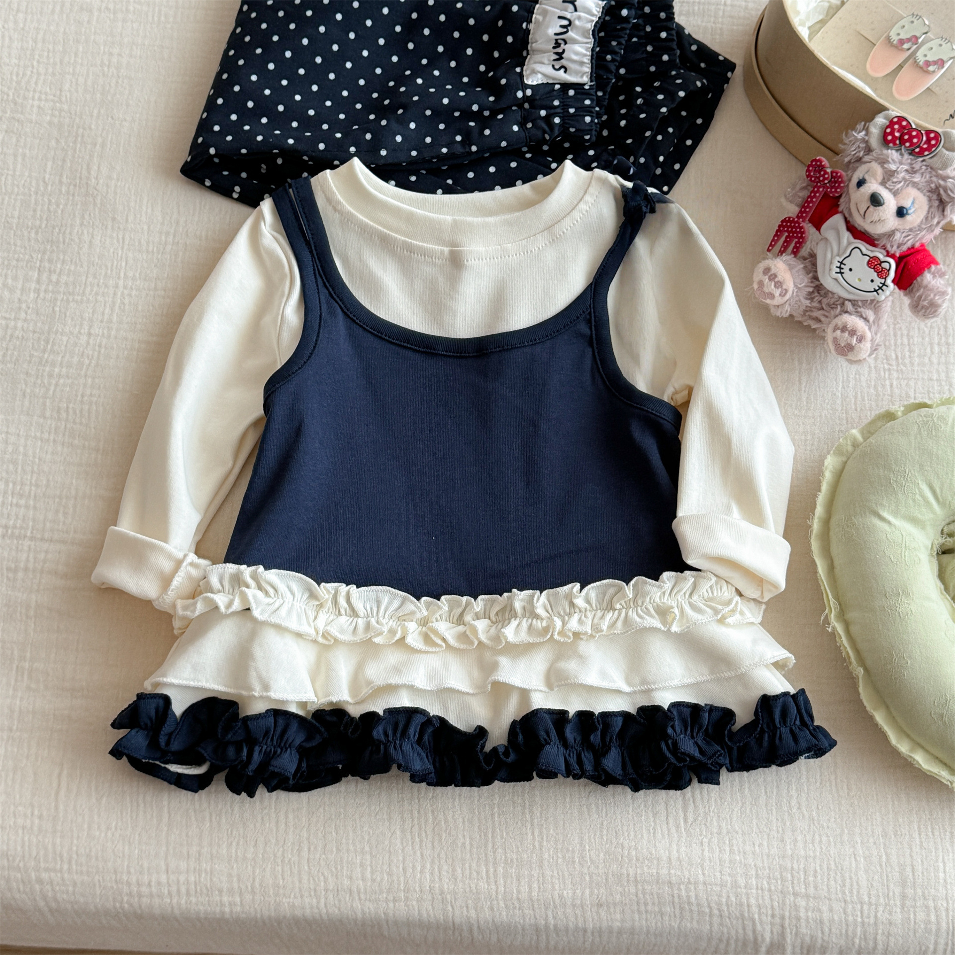 Kids Lace Faux Two-Piece Top and Polka Dot Pants Set