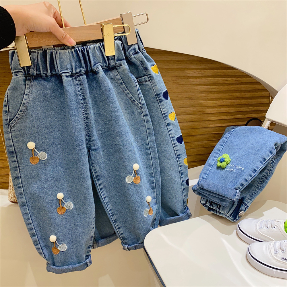 Kids Flower Cherry Heart Pattern Denim Pants