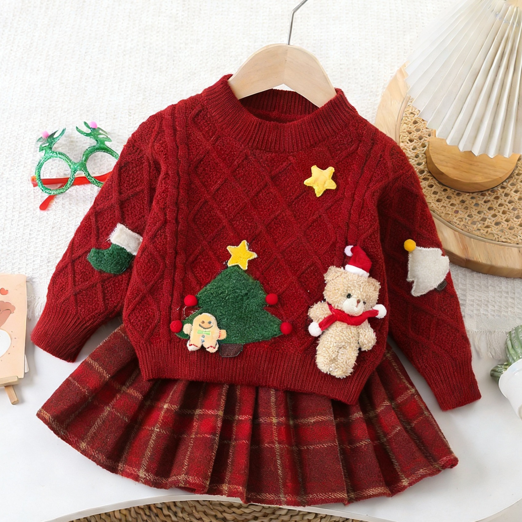 Kids Christmas Knit Sweater and Checkered Skirt Set