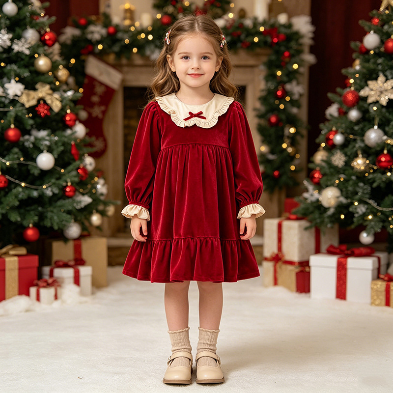 Kids Christmas Bow Collar Velvet Dress
