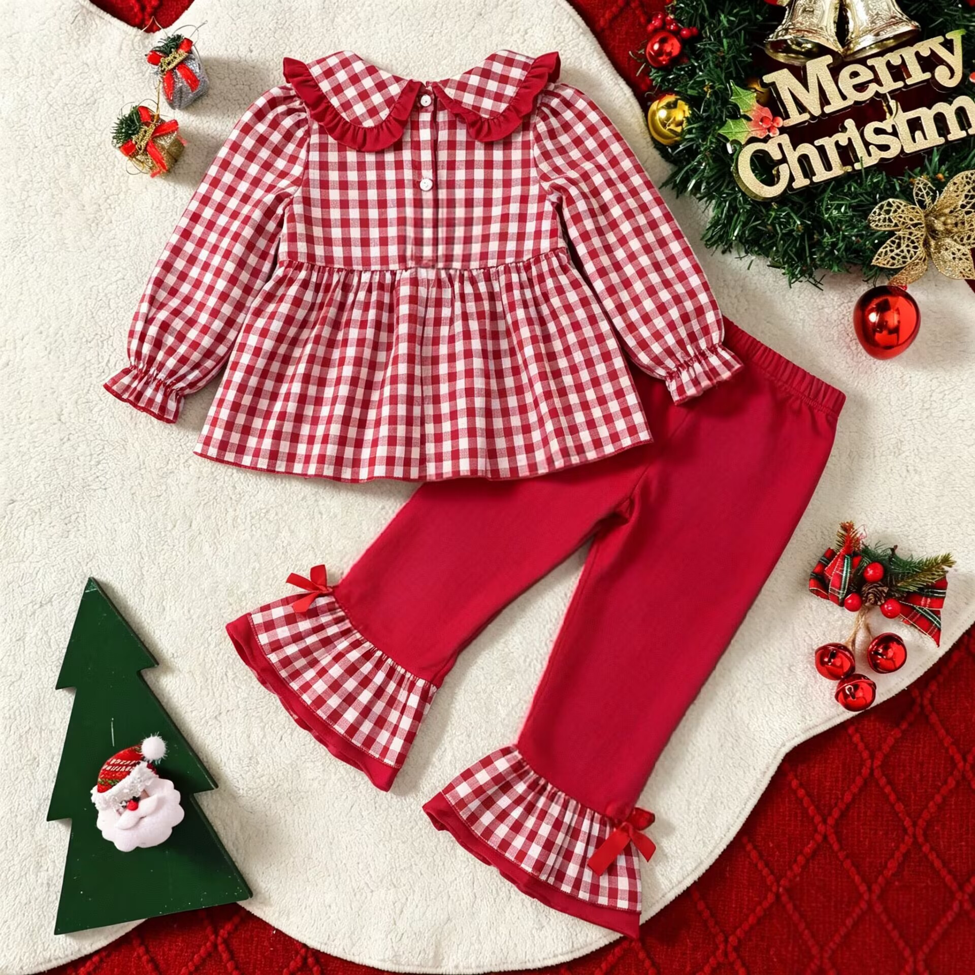Kids Christmas Checkered Embroidery Lace Bow 2-Piece Set