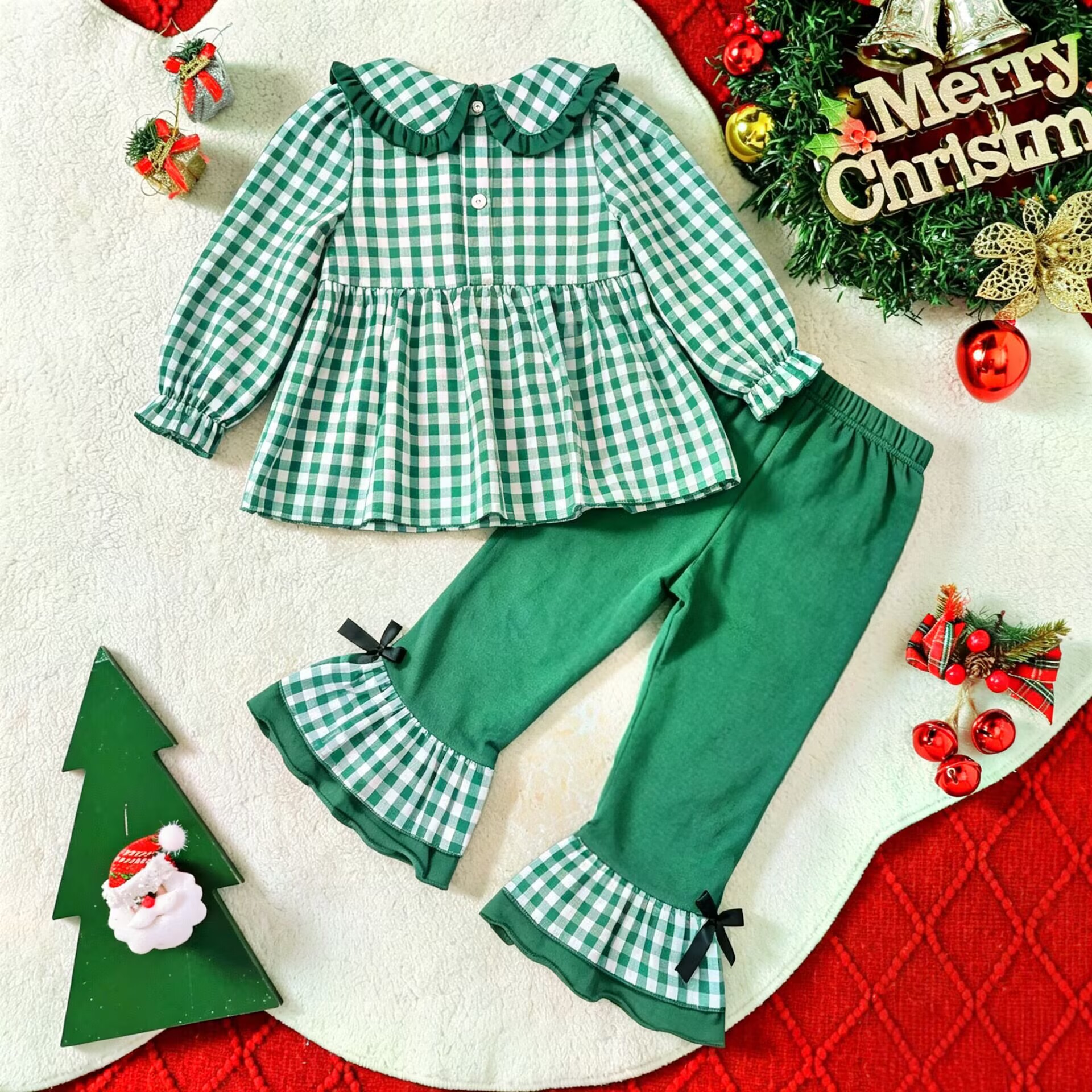 Kids Christmas Checkered Embroidery Lace Bow 2-Piece Set