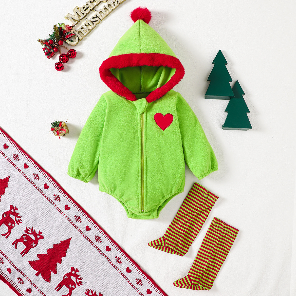 Baby Christmas Fleece Hooded Zipper Onesie With Stripe Socks