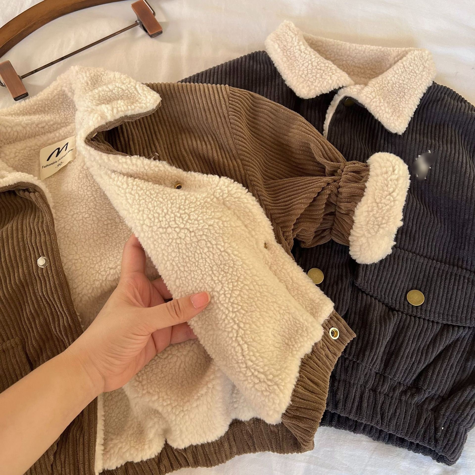 Kids Ribbed Fleece Lined Lapel Collared Outerwear