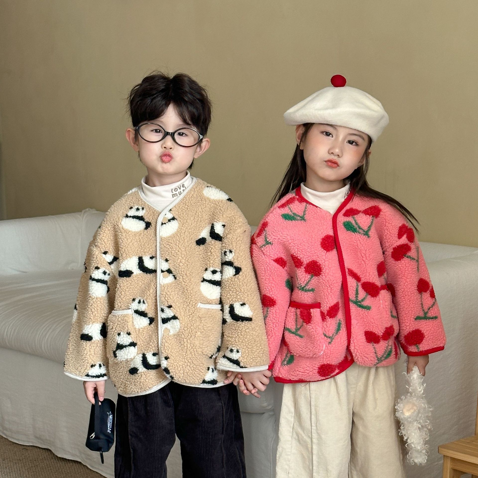 Kids Fruit Animals Print Lambswool Outerwear