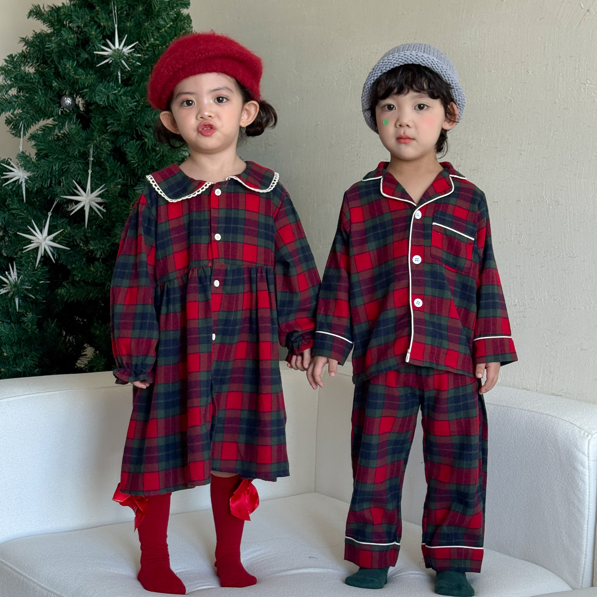 Kids Christmas Checkerboard Pajamas 2-Piece Set Or Dress