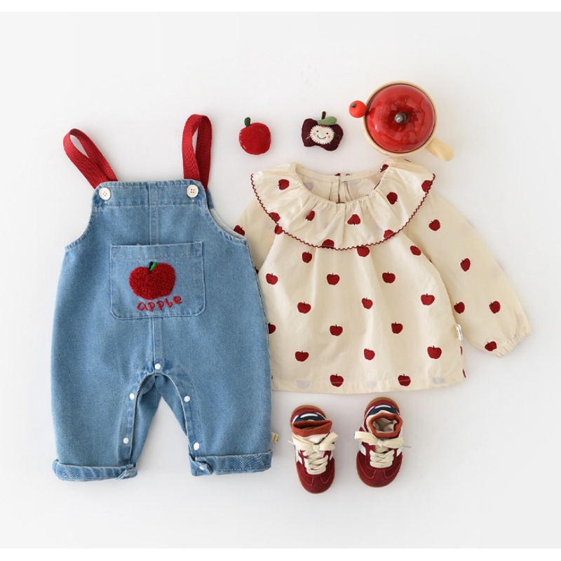 Baby Apple Embroidered Denim Overalls