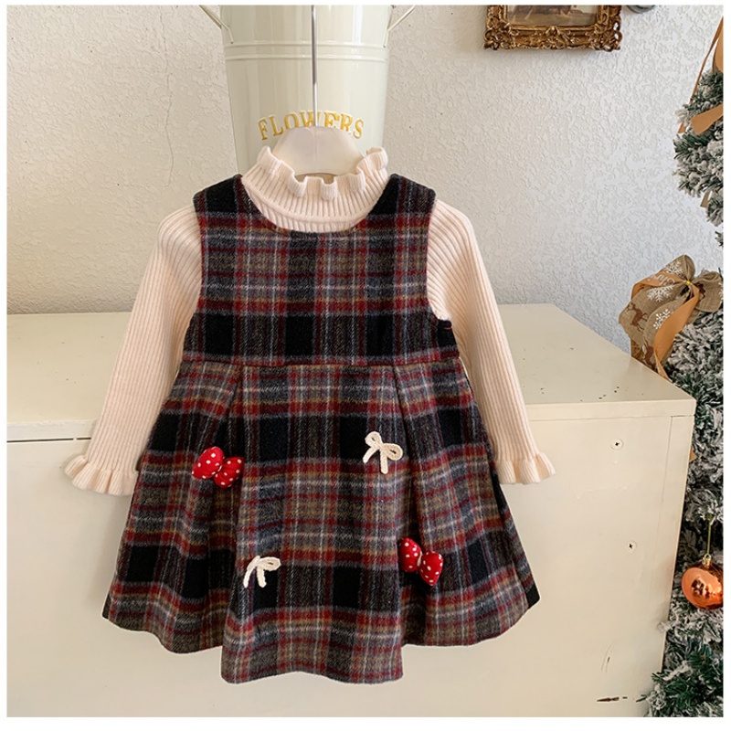 2-Piece Baby Toddler Girls Warm Sweater & Plaid Tank Dress Set