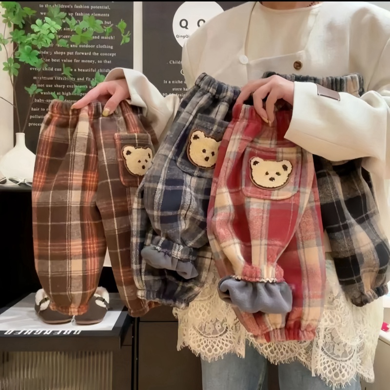 Baby Toddler Warm Bear Plaid Casual Pants