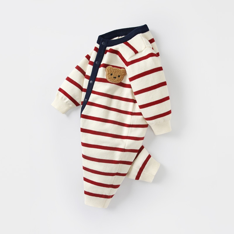 Baby 3D Bear Red Striped Sweater Romper