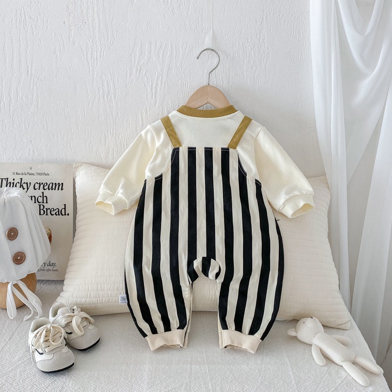 Baby Penguin Print Striped Patchwork Romper