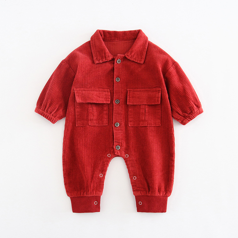 Baby Solid Color Corduroy Cargo Romper