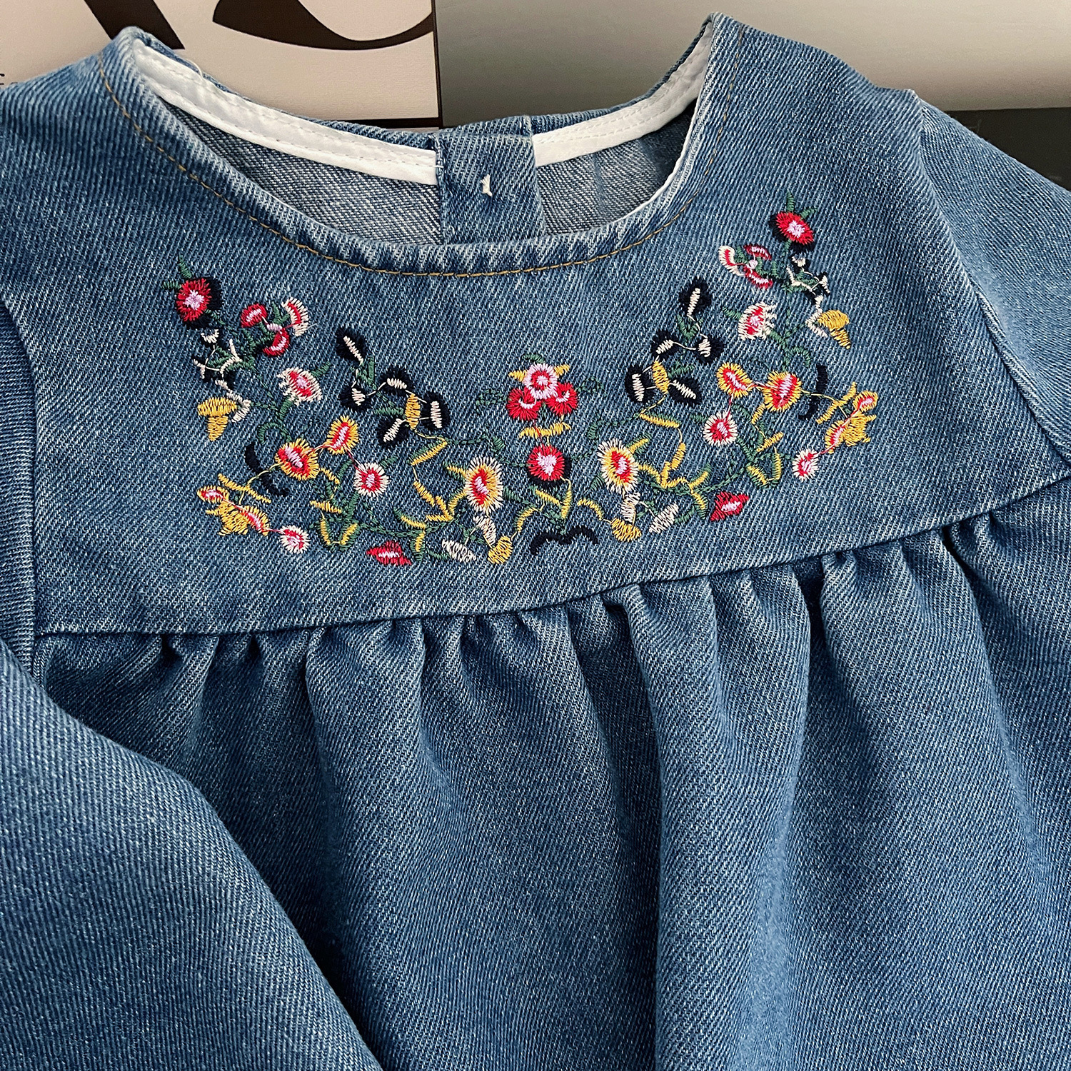 Toddler Kid Girl Floral Embroidered Denim Dress