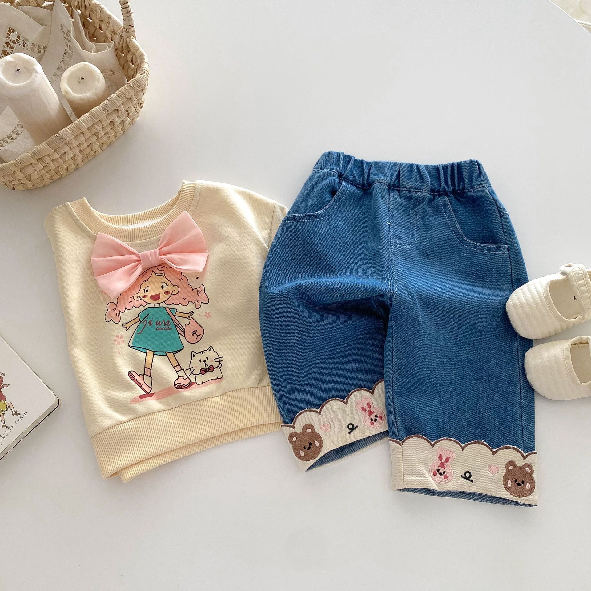 Baby Toddler Flower Bear Denim Pants