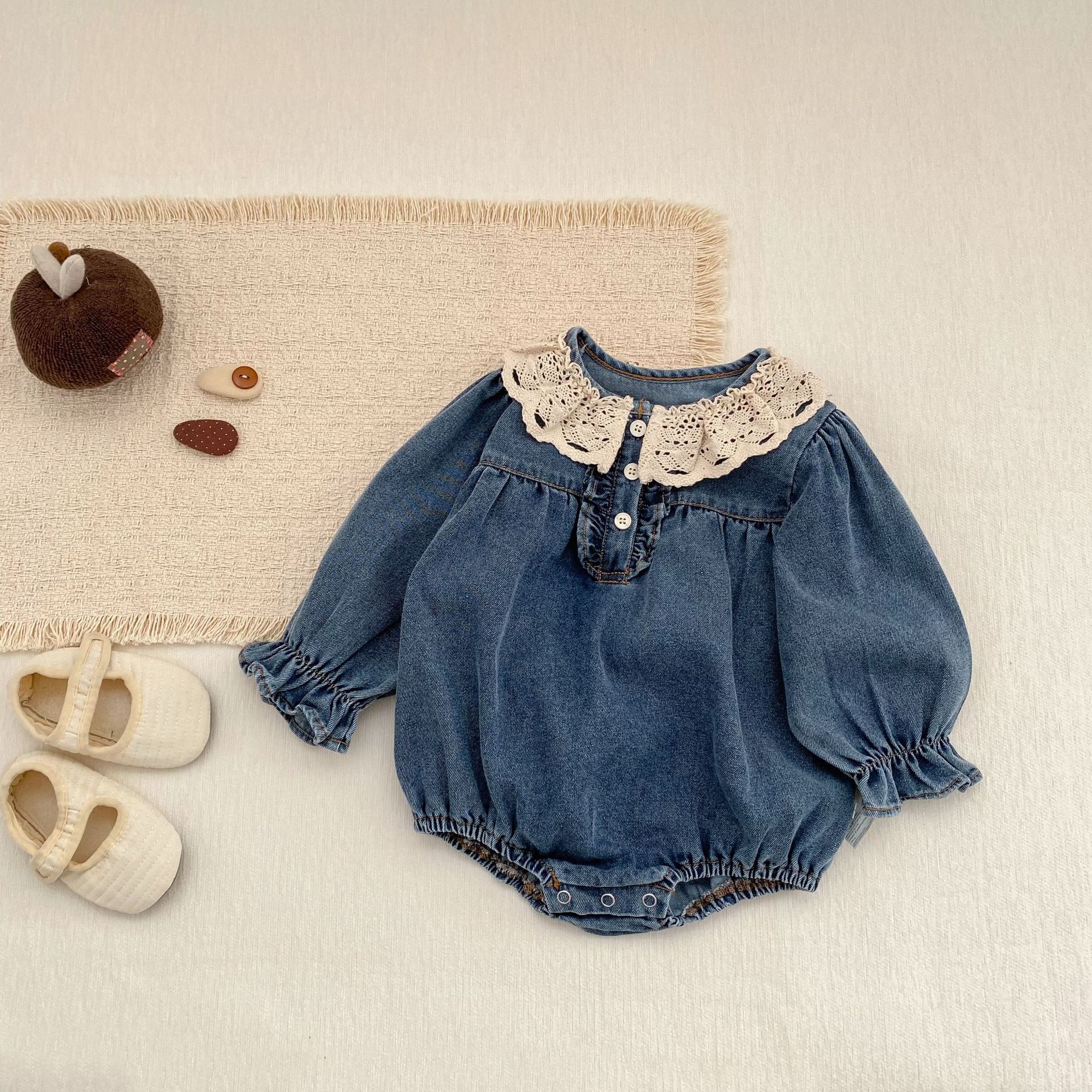 Lace-trimmed Peter Pan Collar Denim Romper