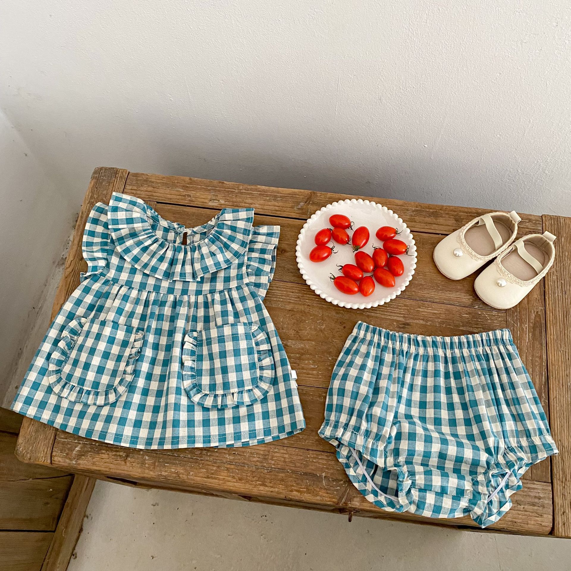 Baby Plaid Ruffle Bollar Top and Shorts Set