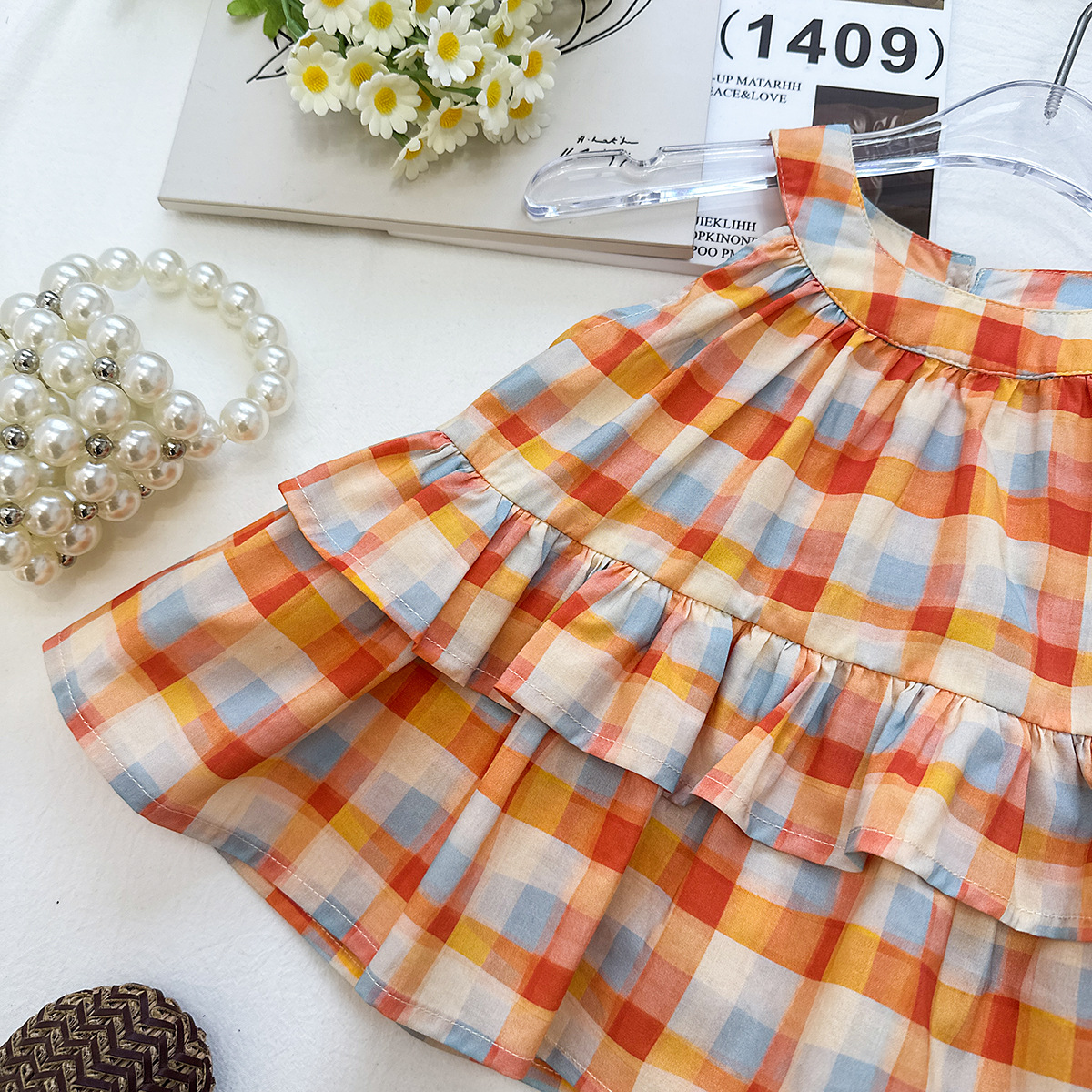 Toddler Kid Girls Orange Gingham Bow Tank Top and Solid White Pants Set