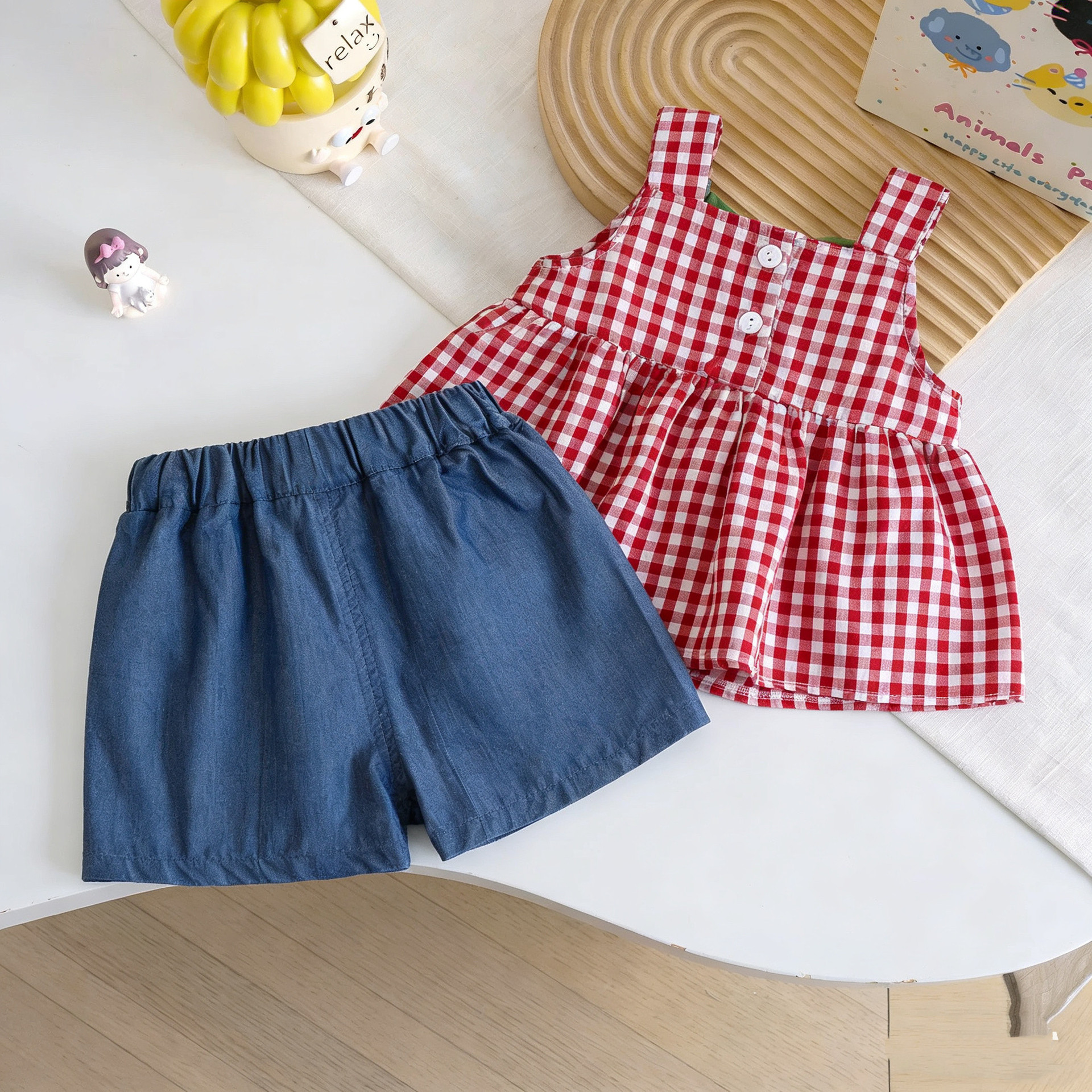 Kids Strawberry Camisole Plaid Top and Denim Shorts Sets