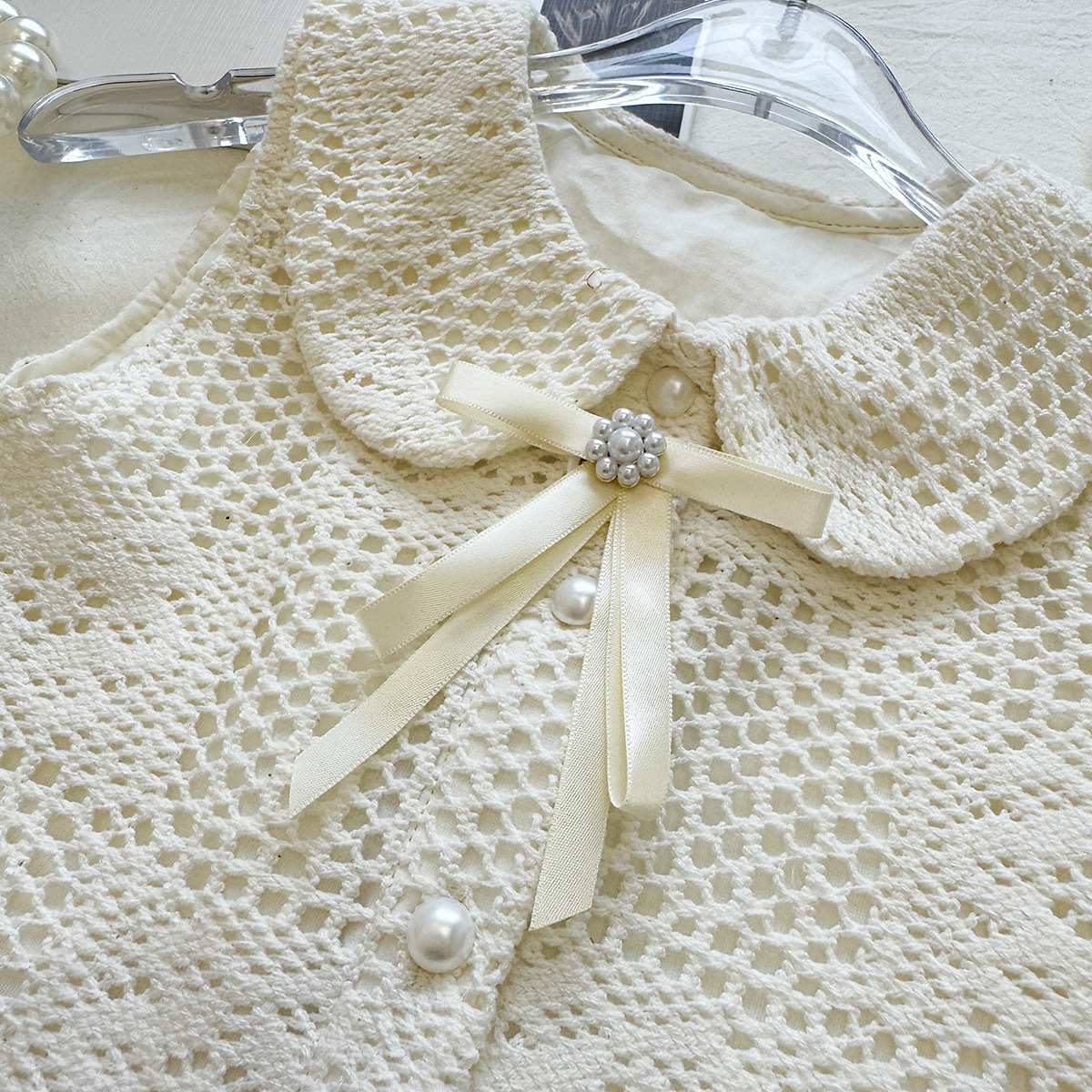 Kids Collar Openwork Lace Trim Bow Top and Pants Set