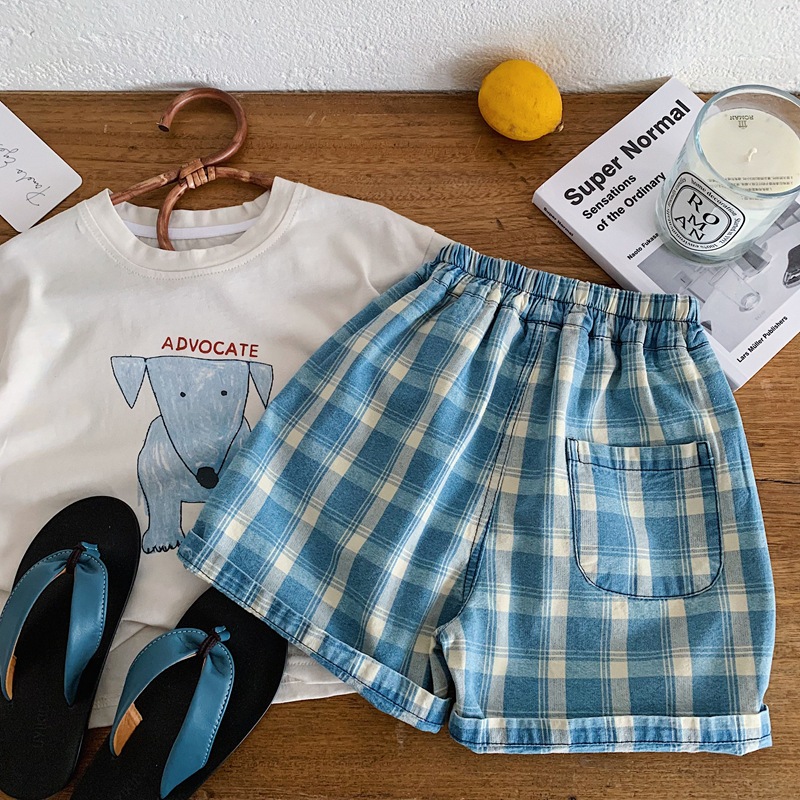 Kids Blue Plaid Jeans Pants
