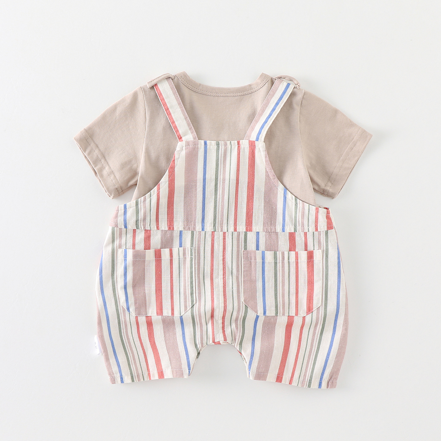 Baby Bear Pattern Top and Vertical Stripes Overalls Set