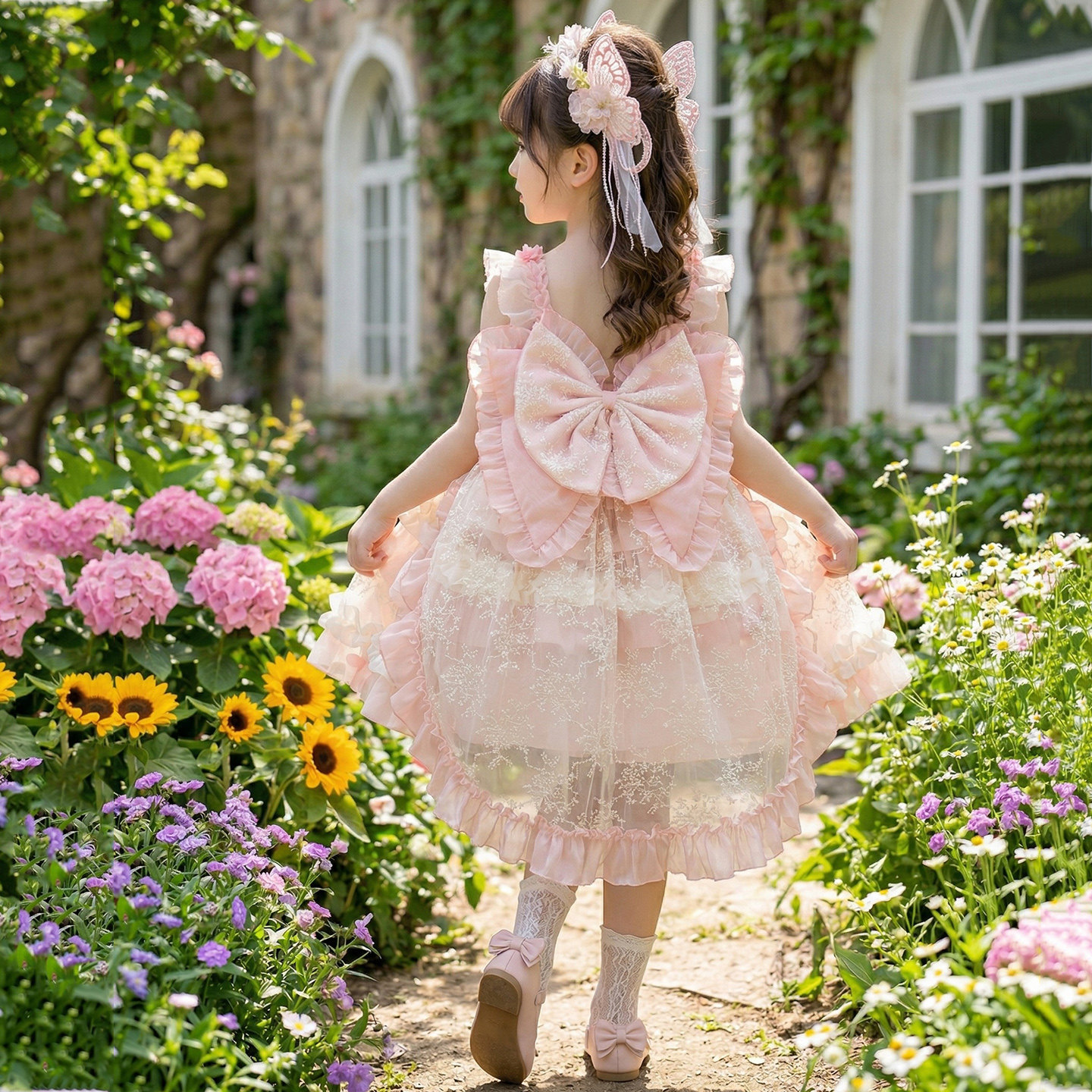 Kids Pink 3D Floral Lace Trim Tiered Tulle Dress