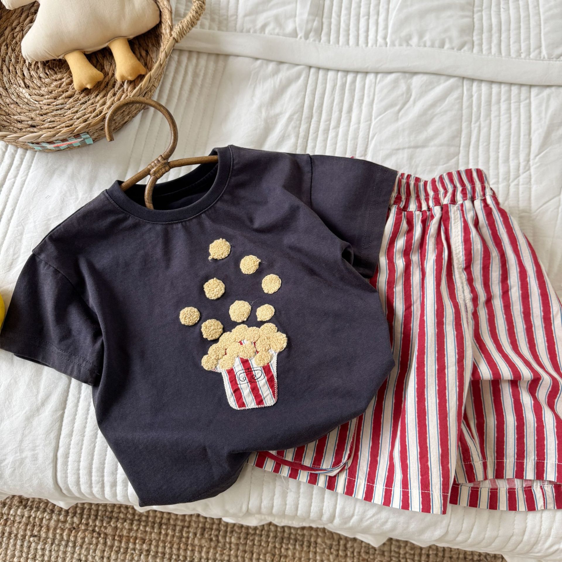Kids Popcorn Pattern Top and Stripe Short Pants Set